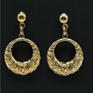 Vintage Gold Tone Earrings Drop Statement Swirl Design Hoop Door knocker Earring